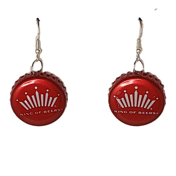 Red Budweiser King of Beer Bottle Top Boho Drop Dangle Hook Earrings A - Picture 1 of 8